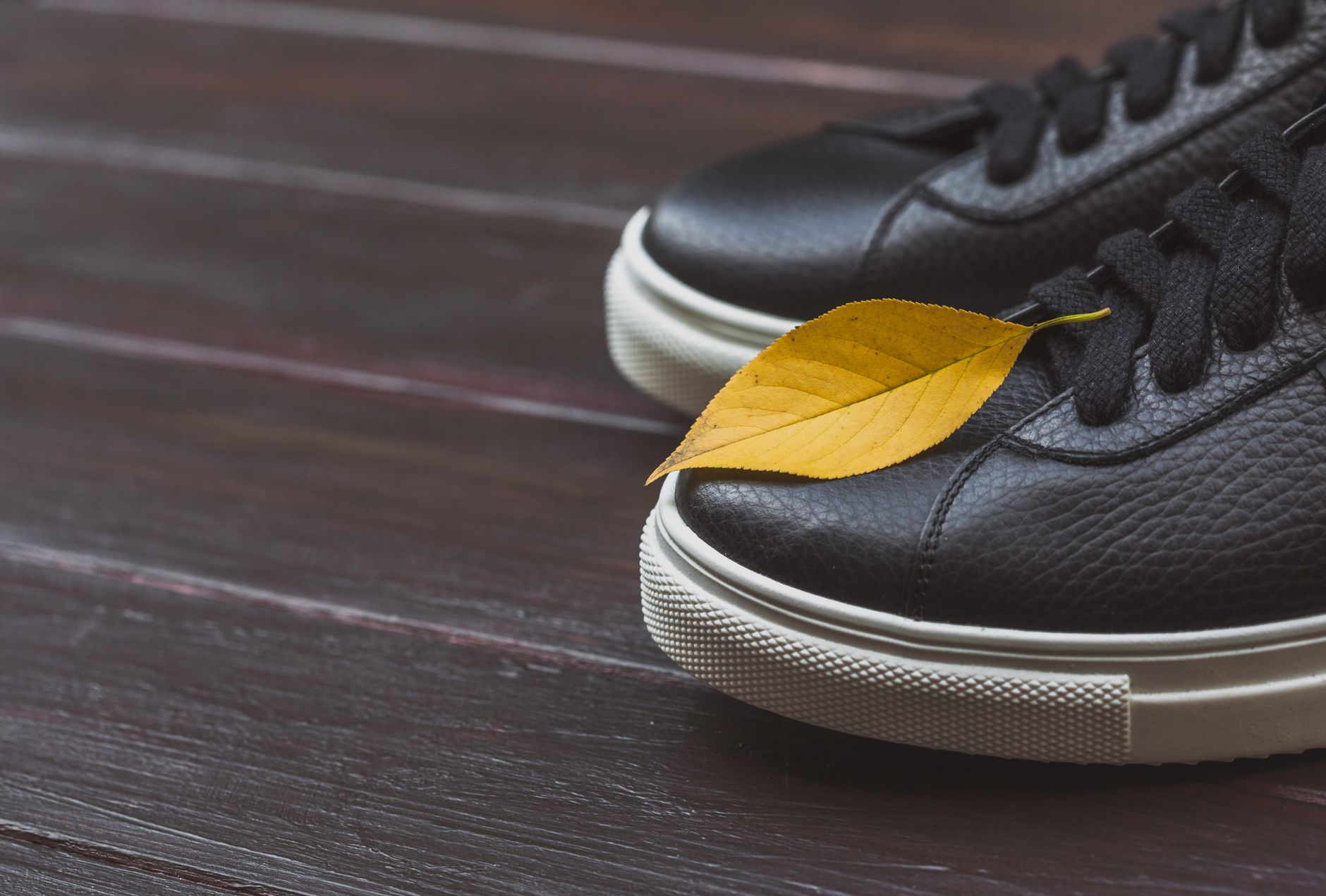 Stylish black sneakers with a fallen yellow leaf on wooden surface. Ideal for autumn themes.